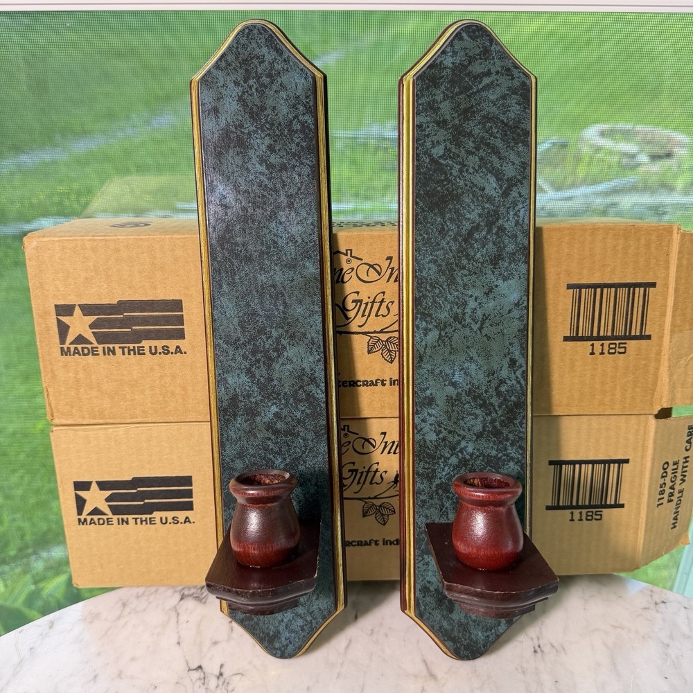 NIB Vtg 80s Home Interior Wall Sconce Hunter Green Wood Candle Holder Homco 15"